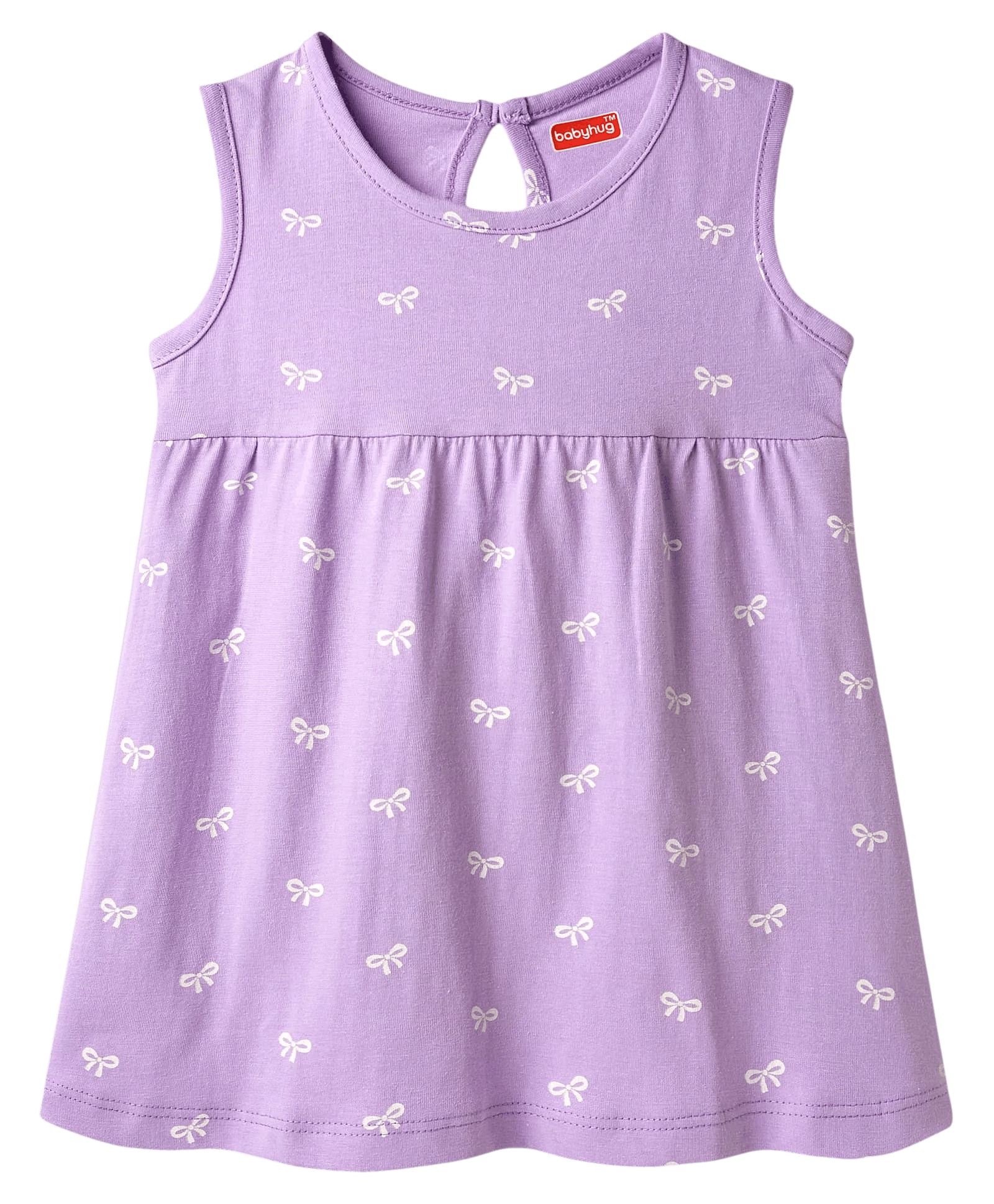 Babyhug Single Jersey Knit Sleeveless Frock With Bow Print & Applique - Lilac