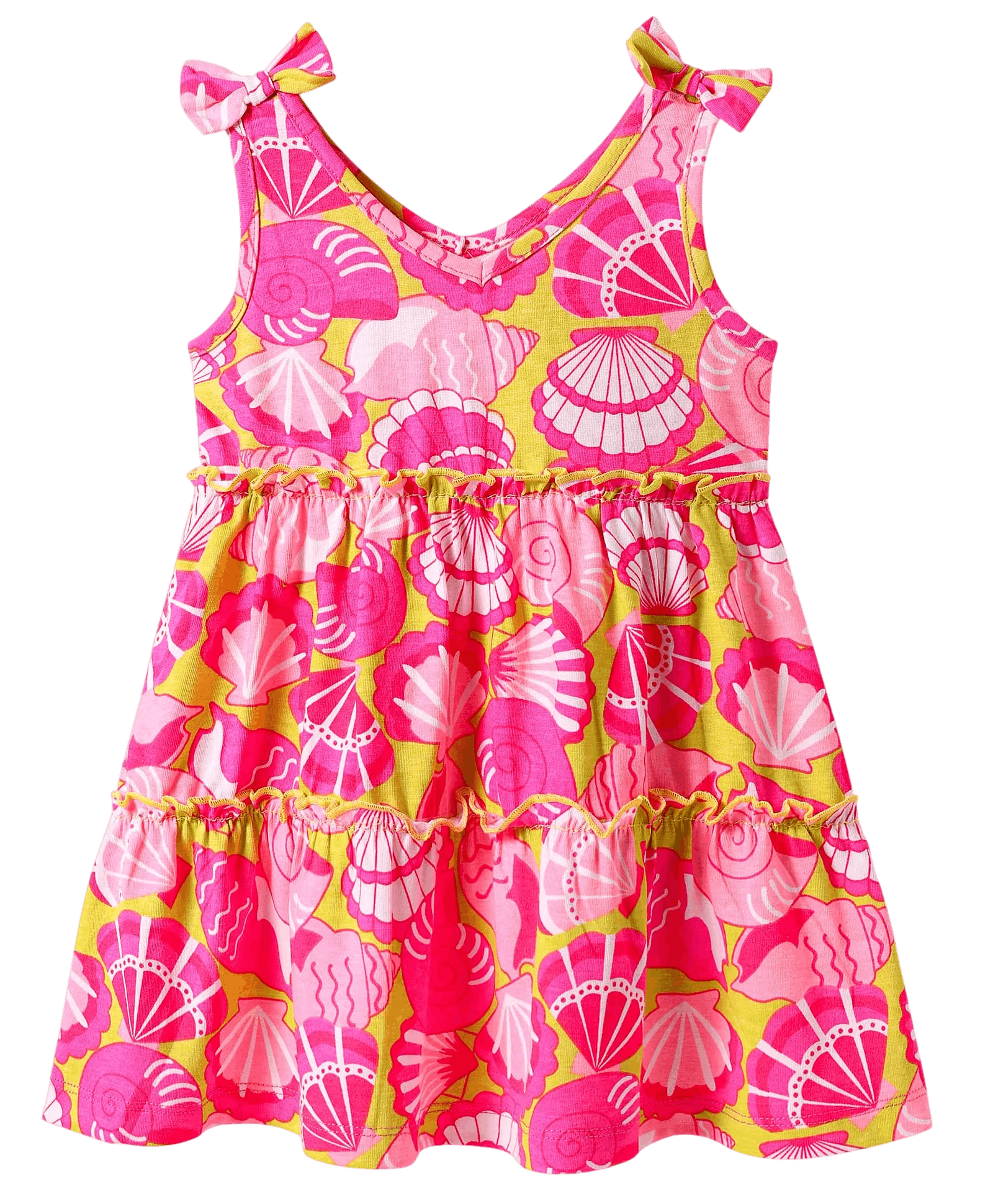 Babyhug Single Jersey Knit Sleeveless Frock With Seashells Print & Bow Applique - Yellow & Dark Pink
