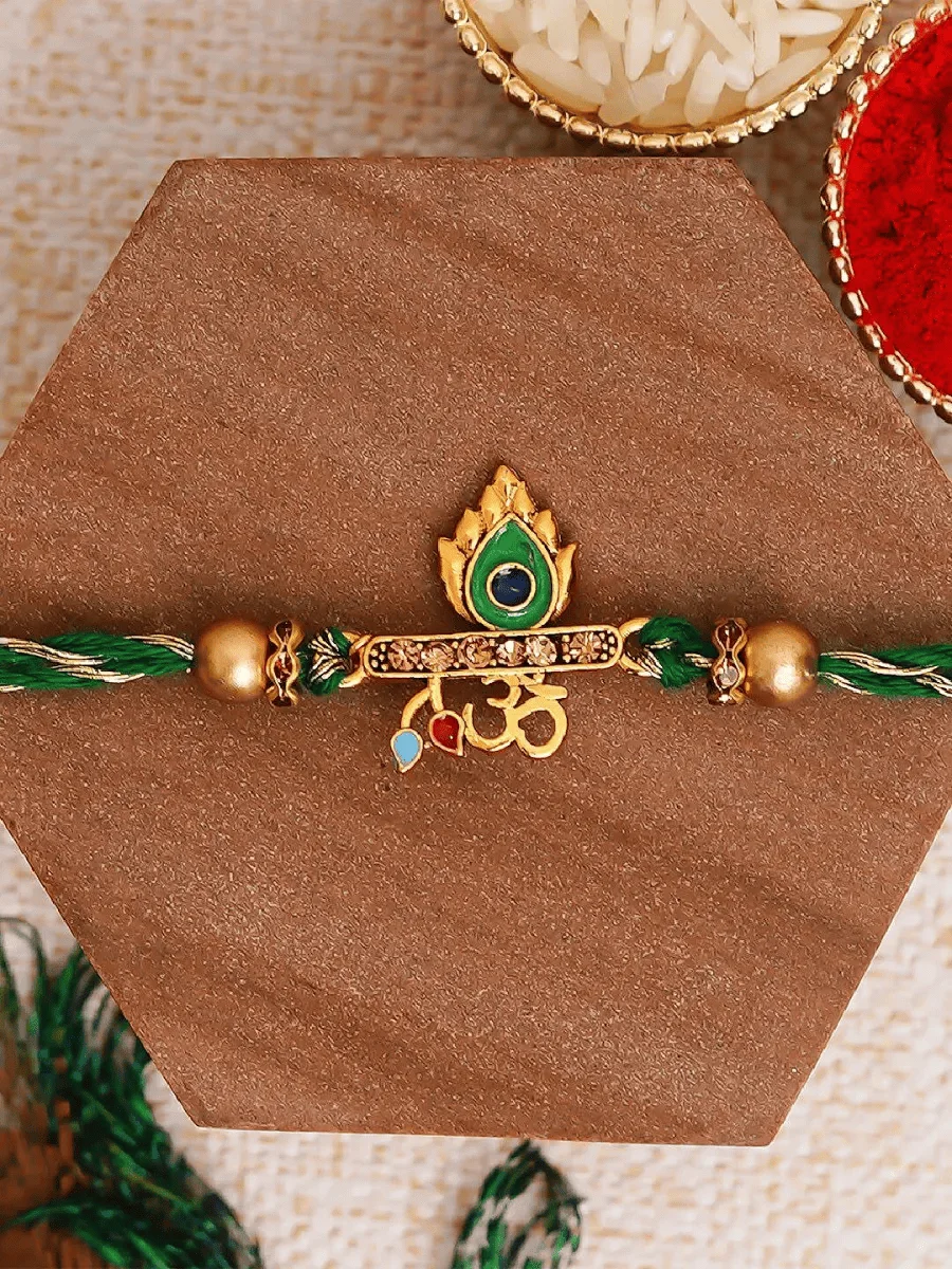 Green Om & Peacock Feather Religious Rakhi and Roli Chawal Pack